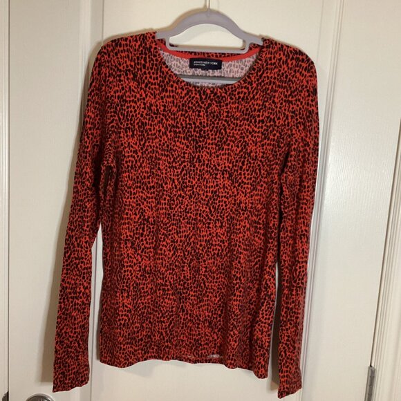 Jones New York Women's Red Black Long Sleeve Leopard Print Top Size M Stretchy - Picture 1 of 8